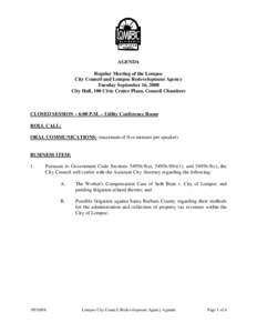 AGENDA Regular Meeting of the Lompoc City Council and Lompoc Redevelopment Agency Tuesday September 16, 2008 City Hall, 100 Civic Center Plaza, Council Chambers