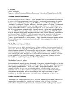 Cassava Steven A. Sargent Sargent is with the Horticultural Sciences Department, University of Florida, Gainesville, FL. Scientific Name and Introduction Cassava (Manihot esculenta Crantz) is a woody perennial shrub of t