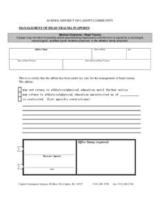 SCHOOL DISTRICT OF CADOTT COMMUNITY MANAGEMENT OF HEAD TRAUMA IN SPORTS Medical Clearance—Head Trauma A player may not return to practice and/or play following head trauma until this form is signed by a neurologist, ne