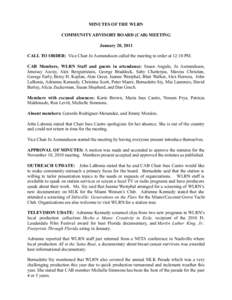 MINUTES OF THE WLRN COMMUNITY ADVISORY BOARD (CAB) MEETING January 20, 2011 CALL TO ORDER: Vice Chair Jo Asmundsson called the meeting to order at 12:10 PM. CAB Members, WLRN Staff and guests in attendance: Susan Angulo,