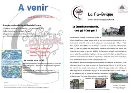 La Fa-Brique  Lundi 26 et Mardi 27 Septembre CHGR  Journée nationale Santé Mentale France