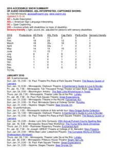 2016 ACCESSIBLE SHOW SUMMARY OF AUDIO DESCRIBED, ASL-INTERPRETED, CAPTIONED SHOWS: by VSA Minnesota, , www.vsamn.org UpdatedAD = Audio Description. ASL = American Sign Language interpreting.