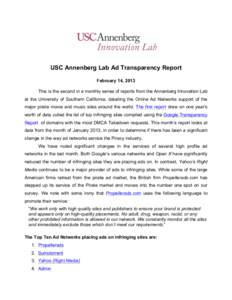 USC Annenberg Lab Ad Transparency Report February 14, 2013 This is the second in a monthly series of reports from the Annenberg Innovation Lab at the University of Southern California, detailing the Online Ad Networks su