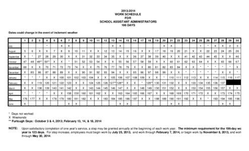 [removed]WORK SCHEDULE FOR SCHOOL ASSISTANT ADMINISTRATORS 196 DAYS Dates could change in the event of inclement weather