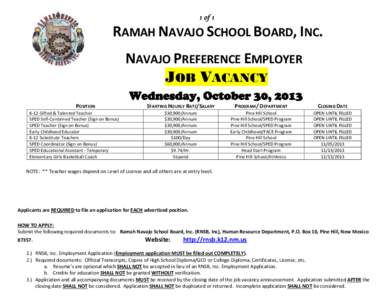 1 of 1  RAMAH NAVAJO SCHOOL BOARD, INC. NAVAJO PREFERENCE EMPLOYER JOB VACANCY POSITION