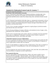 Alaska Mathematics Standards Grade 10- Geometry Standards for Mathematical Content Grade 10- Geometry ** Congruence, proof and construction Experiment with transformation in the plane. G-CO.1. Demonstrates understanding 