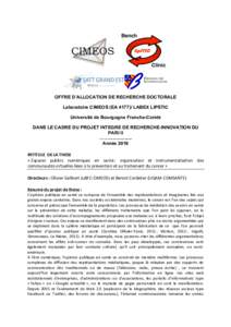 OFFRE D’ALLOCATION DE RECHERCHE DOCTORALE Laboratoire CIMEOS (EALABEX LIPSTIC Université de Bourgogne Franche-Comté DANS LE CADRE DU PROJET INTEGRE DE RECHERCHE-INNOVATION DU PARI II ……..................