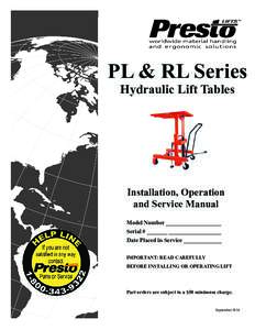 PL & RL Series Hydraulic Lift Tables Installation, Operation and Service Manual Model Number ___________________