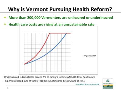 Why is Vermont Pursuing Health Reform?  More than 200,000 Vermonters are uninsured or underinsured  Health care costs are rising at an unsustainable rate Underinsured = deductibles exceed 5% of family’s income AN