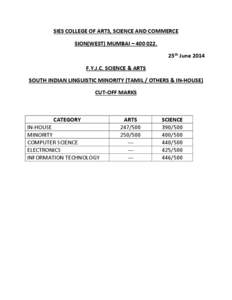 SIES COLLEGE OF ARTS, SCIENCE AND COMMERCE  SION(WEST) MUMBAI – 400 022.  25th June 2014  F.Y.J.C. SCIENCE & ARTS  SOUTH INDIAN LINGUISTIC MINORITY (TAMIL / OTHERS & IN‐HOUSE)  CUT‐OFF 