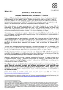 ,  29 April 2014 STATISTICAL NEWS RELEASE Volume of Residential Sales increase by 22.9 per cent Registers of Scotland published statistics today showing that the total volume of sales across Scotland