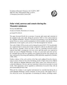 Geophysical Research Abstracts, Vol. 9, 02571, 2007 SRef-ID: [removed]gra/EGU2007-A-02571 © European Geosciences Union 2007 Solar wind, auroras and comets during the Maunder-minimum