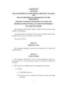 AGREEMENT BETWEEN THE GOVERNMENT OF THE PEOPLE’S REPUBLIC OF CHINA AND THE GOVERNMENT OF THE REPUBLIC OF THE PHILIPPINES