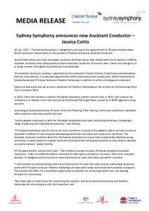 MEDIA RELEASE Sydney Symphony announces new Assistant Conductor – Jessica Cottis