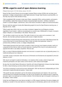 globalnation.inquirer.net  http://globalnation.inquirer.net[removed]ofws­urged­to­avail­of­open­distance­learning/ OFWs urged to avail of open distance learning Philippine Daily Inquirer 12:47 AM | Sun