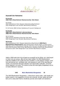 Auswahl der Rotweine: 94 Punkte 2004 Moric Blaufränkisch Neckenmarkter Alte Reben 92 Punkte 2004 Göttelsbrunn Muhr Niepoort Spitzerberg Blaufränlkisch 2004 Welgersdorf Uwe Schiefer Blaufrankisch Reihburg