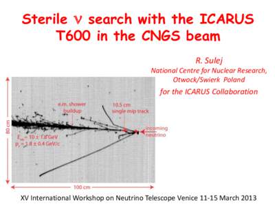 Sterile n search with the ICARUS T600 in the CNGS beam R. Sulej National Centre for Nuclear Research, Otwock/Swierk Poland