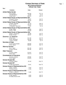 Kansas Secretary of State 2014 General Election Official Vote Totals Race Candidate