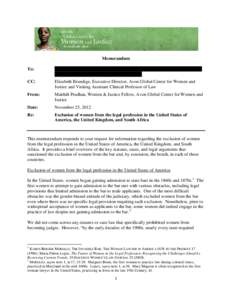 Memorandum To: CC: Elizabeth Brundige, Executive Director, Avon Global Center for Women and Justice and Visiting Assistant Clinical Professor of Law