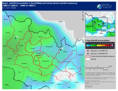 Nepal - Rainfall Accumulation 3-Day (TRMM) and Priority Districts (Health Assistance) 11MAY15 1500UTC - 14MAY15 1500UTC PDC - EQ7.8 - TRMM016 Manang