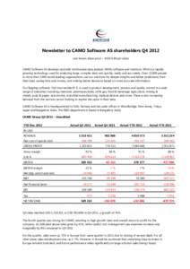 Newsletter to CAMO Software AS shareholders Q4 2012 Last known share price = NOK 0.80 per share CAMO Software AS develops and sells multivariate data analysis (MVA) software and solutions. MVA is a rapidly growing techno