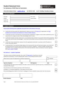 Student Statement Form For Submission of HDR Thesis for Examination University Graduate School 