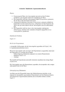 Aristoteles’ dialektische Argumentationstheorie  Phasen: 1. Festsetzung der These: der Antwortgeber antwortet auf das Problem (problèma), und akzeptiert damit die Verteidigung der These; 2. Der Fragesteller stellt dem