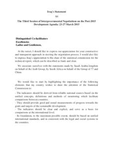 Iraq’s Statement At The Third Session of Intergovernmental Negotiations on the Post-2015 Development Agenda: 23-27 MarchDistinguished Co-facilitators