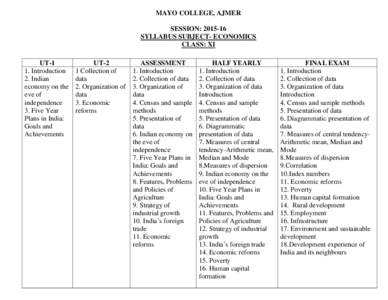 MAYO COLLEGE, AJMER SESSION: SYLLABUS SUBJECT- ECONOMICS CLASS: XI UT-1 1. Introduction