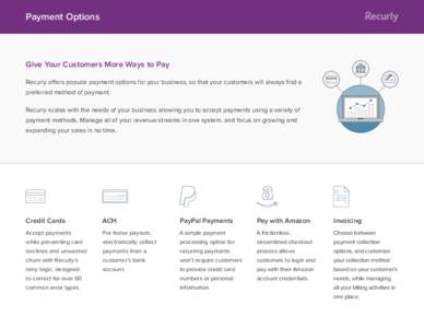 Payment Options  Give Your Customers More Ways to Pay Recurly offers popular payment options for your business, so that your customers will always find a preferred method of payment. Recurly scales with the needs of your
