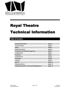 Royal Theatre Technical Information Table of Contents General Information Front of House Stage