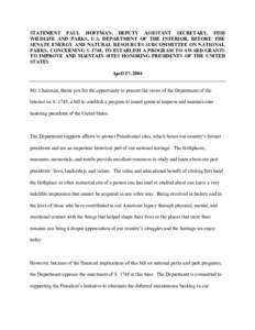 STATEMENT PAUL HOFFMAN, DEPUTY ASSISTANT SECRETARY, FISH WILDLIFE AND PARKS, U.S. DEPARTMENT OF THE INTERIOR, BEFORE THE SENATE ENERGY AND NATURAL RESOURCES SUBCOMMITTEE ON NATIONAL PARKS, CONCERNING S. 1748, TO ESTABLIS