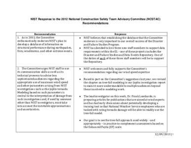 NIST Response to the 2012 National Construction Safety Team Advisory Committee (NCSTAC) Recommendations Recommendation 1. As in 2011, the Committee