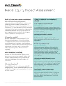 Racial Equity Impact Assessment What are Racial Equity Impact Assessments? A Racial Equity Impact Assessment (REIA) is a systematic examination of how different racial and ethnic groups will likely be affected by a propo