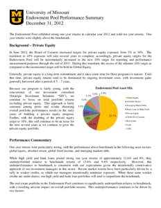 University of Missouri Endowment Pool Performance Summary December 31, 2012 The Endowment Pool exhibited strong one year returns in calendar year 2012 and solid ten year returns. One year returns were slightly above the 