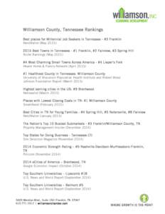 Williamson County, Tennessee Rankings Best places for Millennial Job Seekers in Tennessee - #3 Franklin NerdWallet (MayBest Towns in Tennessee - #1 Franklin, #2 Fairview, #3 Spring Hill Niche Rankings (May 20