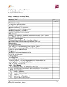 Center for Learning and Professional Development New Employee Orientation On-the-Job Orientation Checklist On-the-Job Orientation Checklist Orientation Item