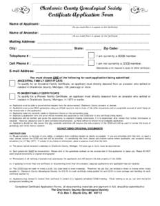 Charlevoix County Genealogical Society  Certificate Application Form Name of Applicant: _______________________________________________________ [As you would like it to appear on the Certificate]