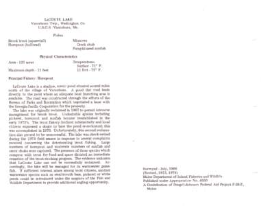 LaCOUTE LAKE Vanceboro Twp., Washington Co. U.S.G.S. Vanceboro, Me. Fishes Brook trout (squaretail) Hornpout (bullhead)