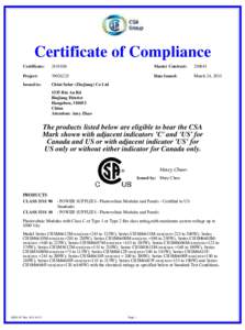 Certificate of Compliance Certificate: Master Contract: