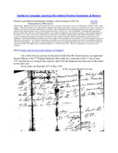 Southern Campaign American Revolution Pension Statements & Rosters Bounty Land Warrant information relating to David Jackson VAS1116 Transcribed by Will Graves vsl 1VA[removed]