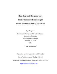 Homology and Heterochrony: The Evolutionary Embryologist Gavin Rylands de Beer (1899–1972)