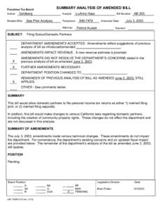 SUMMARY ANALYSIS OF AMENDED BILL  Franchise Tax Board Author:  Goldberg