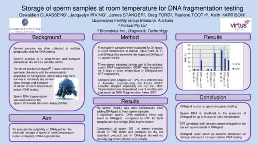 Storage of sperm samples at room temperature for DNA fragmentation testing Oswaldien CLAASSENS1, Jacquelyn IRVING1, James STANGER2, Greg FORD3, Raelene TOOTH1, Keith HARRISON1 Queensland Fertility Group Brisbane, Austral