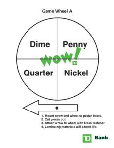 Game Wheel A  1. Mount arrow and wheel to poster board. 2. Cut pieces out. 3. Attach arrow to wheel with brass fastener. 4. Laminating materials will extend life.