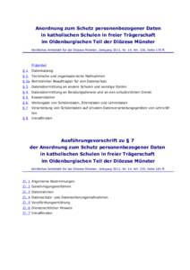 Anordnung zum Schutz personenbezogener Daten in katholischen Schulen in freier Trägerschaft im Oldenburgischen Teil der Diözese Münster