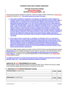 TRANSFER GUIDE AND PLANNING WORKSHEET  Colorado Community Colleges Adams State College Bachelor of Fine Arts Degree - Art This planning worksheet represents a guide for community college students transferring to Adams St