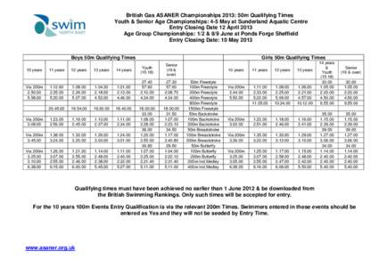 British Gas ASANER Championships 2013: 50m Qualifying Times Youth & Senior Age Championships: 4-5 May at Sunderland Aquatic Centre Entry Closing Date 12 April 2013 Age Group Championships: 1/2 & 8/9 June at Ponds Forge S