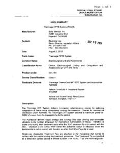 Page 1 of 4 SPECIAL 510(k): K132431 DEVICE MODIFICATION Solta Medical, Inc. 510(k) SUMMARY Thermage CPT® System (TG-28)