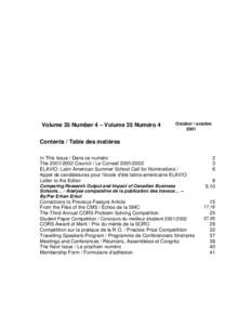 Volume 35 Number 4 – Volume 35 Numéro 4  October / octobreContents / Table des matières